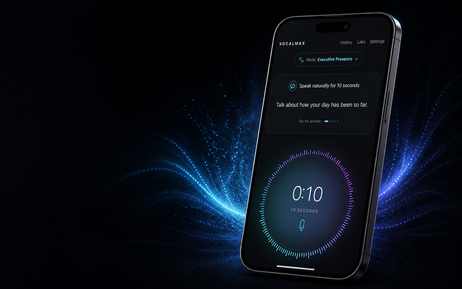 VocalMax running a ten-second voice calibration on iPhone